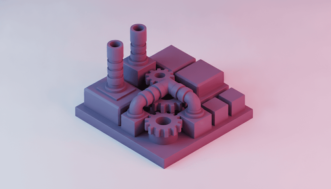 Ilustración 3D de una fábrica con engranajes, tuberías y bloques en tonos violeta y magenta