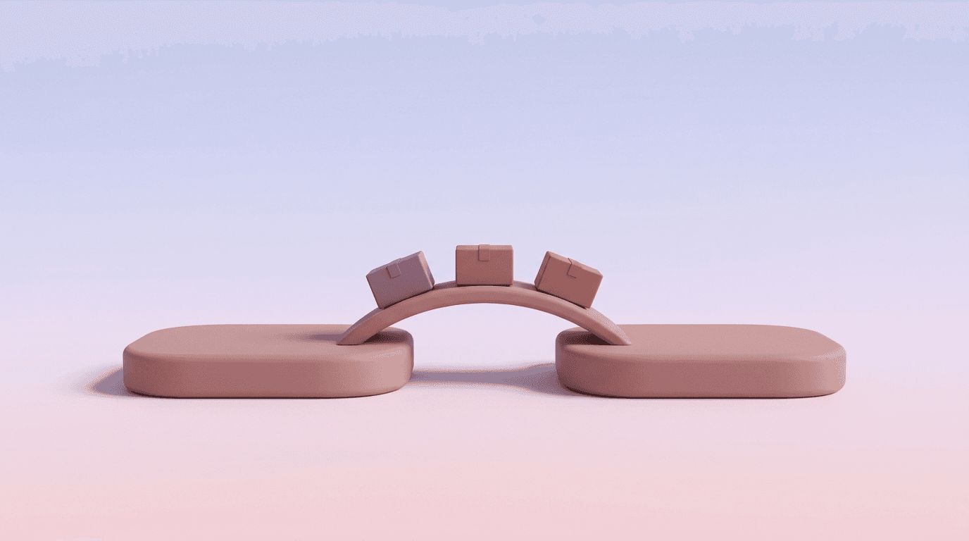 Ilustración 3D de un puente mate entre dos plataformas con cajas cruzando en fila