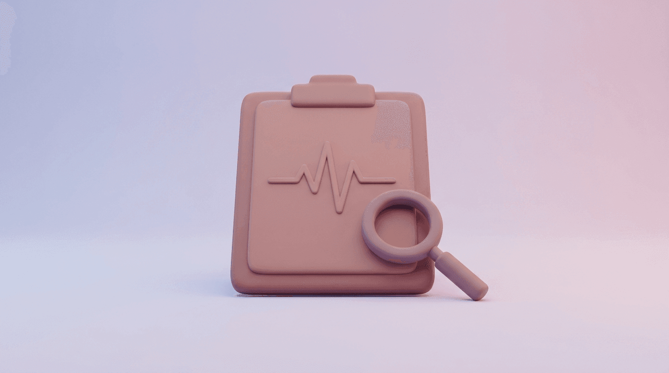 Ilustración 3D de una tabla médica mate con una línea de pulso en relieve y una lupa apoyada en la esquina
