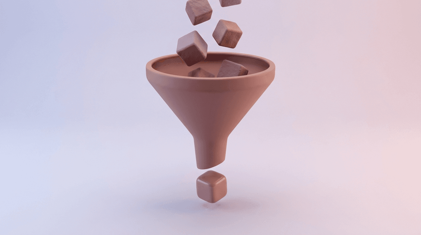 Ilustración 3D de un embudo mate donde entran cubos rugosos y sale un cubo pulido