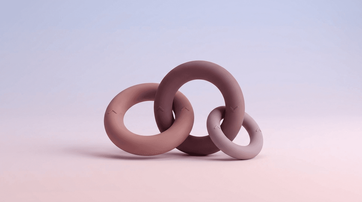 Render 3D minimalista de dos aros mate entrelazados como una cadena, con un tercer aro pequeño brotando, sobre fondo degradado lavanda-rosa