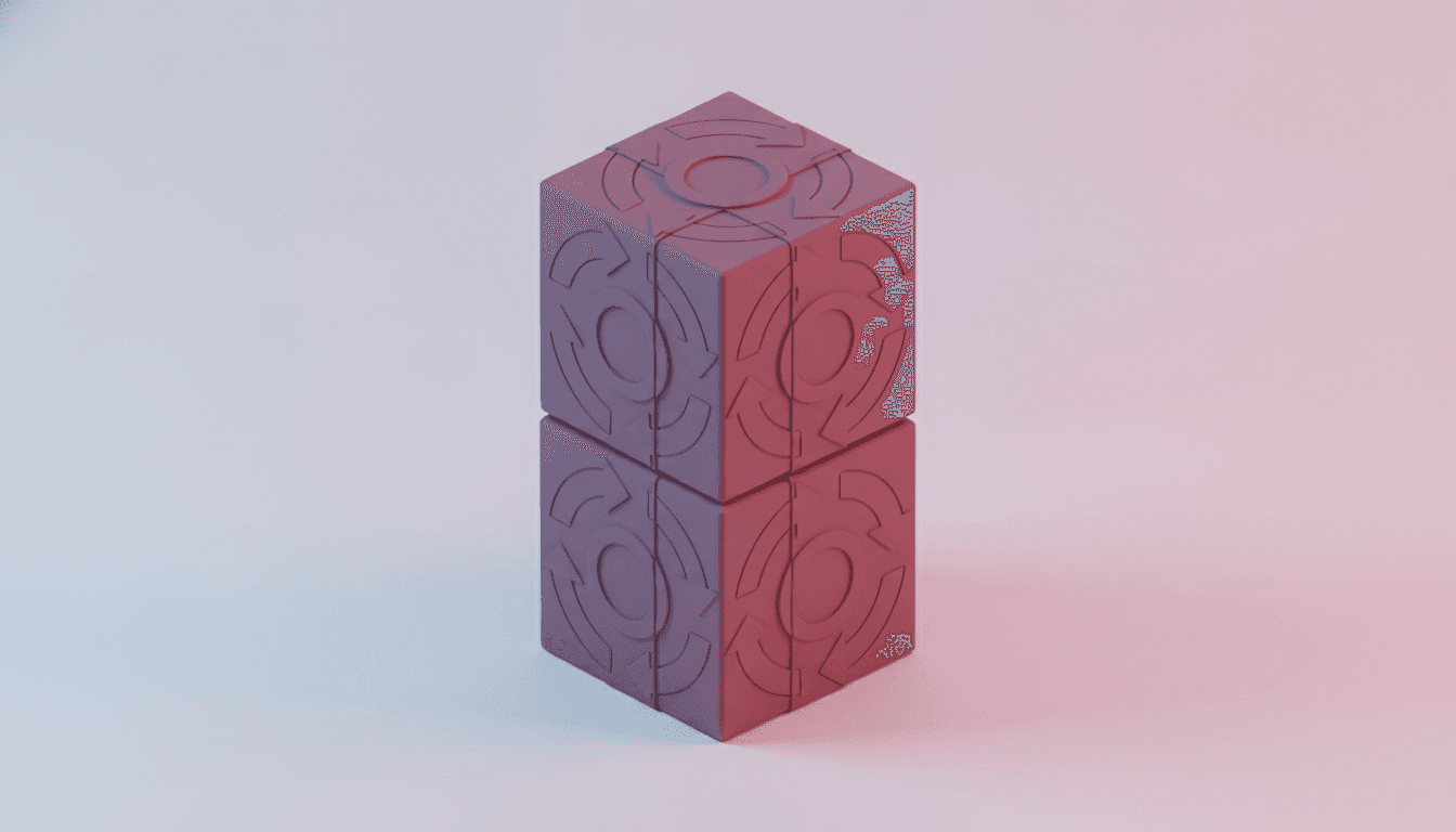 Ilustración 3D de cajas de suscripción apiladas con un motivo circular de recompra
